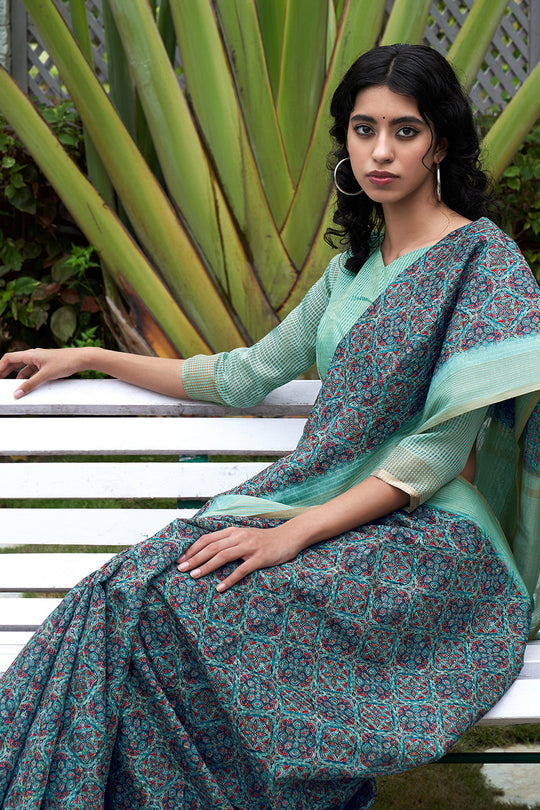 Blue And Green Digital Print Saree