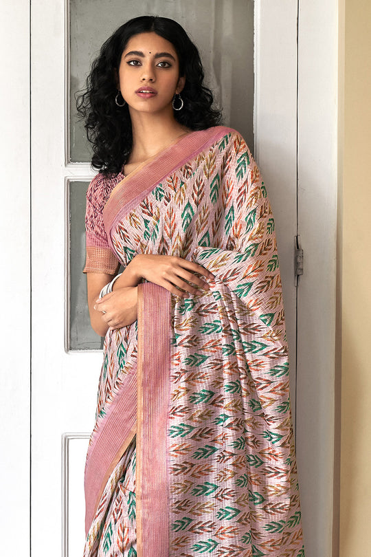 Beige And Pink Digital Print Saree