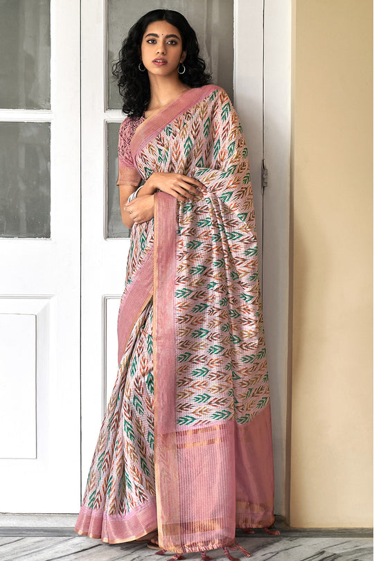Beige And Pink Digital Print Saree