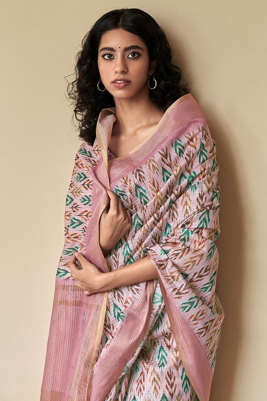 Beige And Pink Digital Print Saree