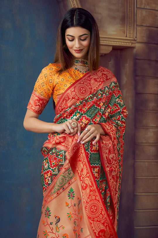 Red and Green Patola Saree