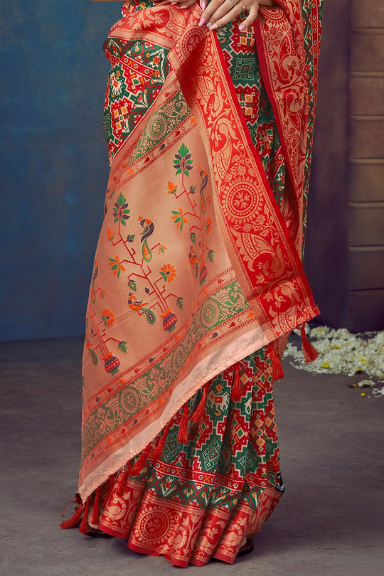 Red and Green Patola Saree