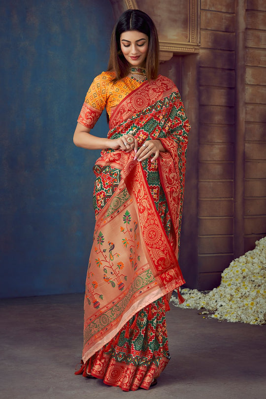 Red and Green Patola Saree