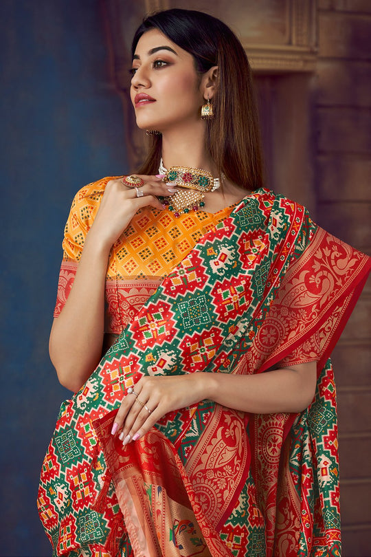 Red and Green Patola Saree