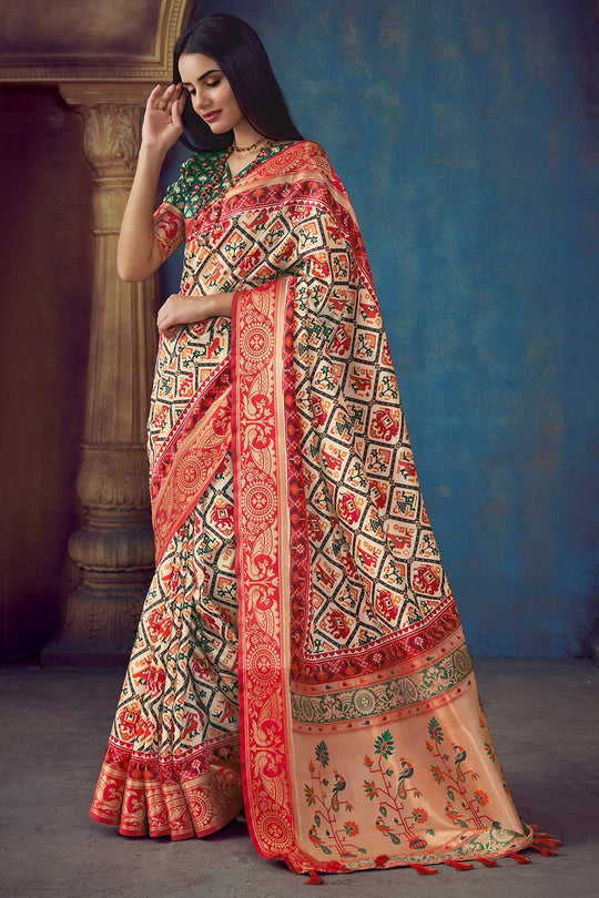 Stone Cream Patola Saree
