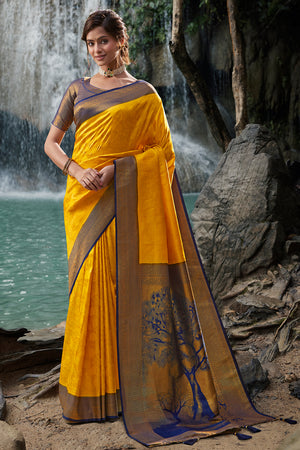 Yellow And Blue Kanjivaram Silk Saree