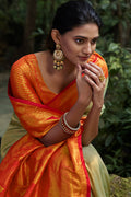 Mint Green And Orange Kanjivaram Silk Saree