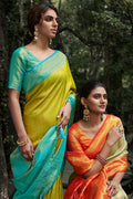 Mint Green And Orange Kanjivaram Silk Saree