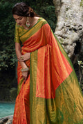 Orange And Green Kanjivaram Silk Saree