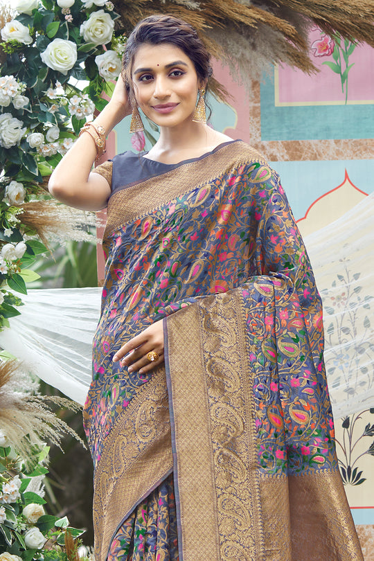 Blue Pashmina Silk saree