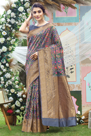 Spruce Blue Pashmina Silk saree