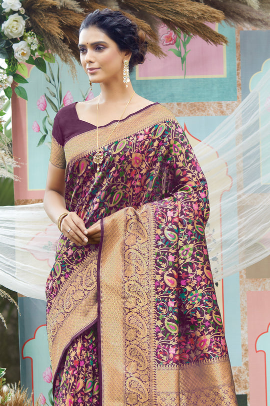 Wine Pashmina Silk saree
