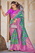 Seafoam Green And Pink Patola Saree