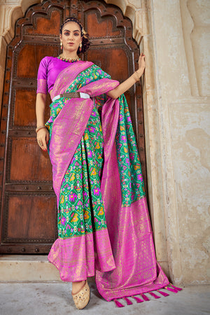 Seafoam Green And Pink Patola Saree