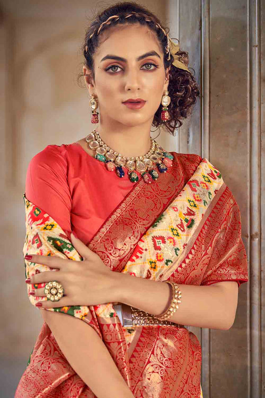 Beige And Orange Patola Saree