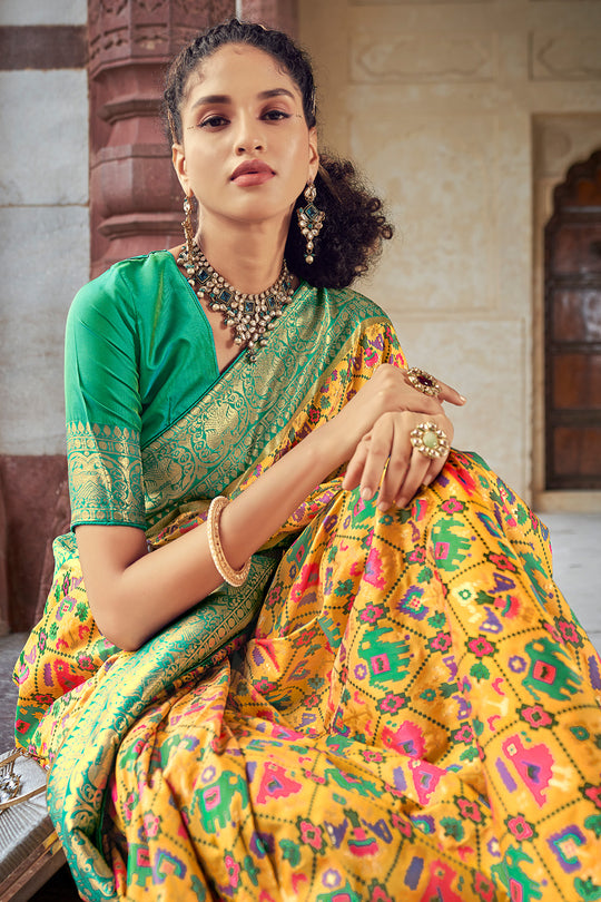 Yellow And Green Patola Saree