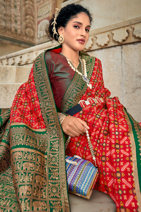 Red and Green Patola Saree