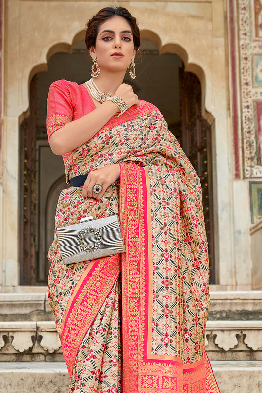 Beige And Pink Patola Saree