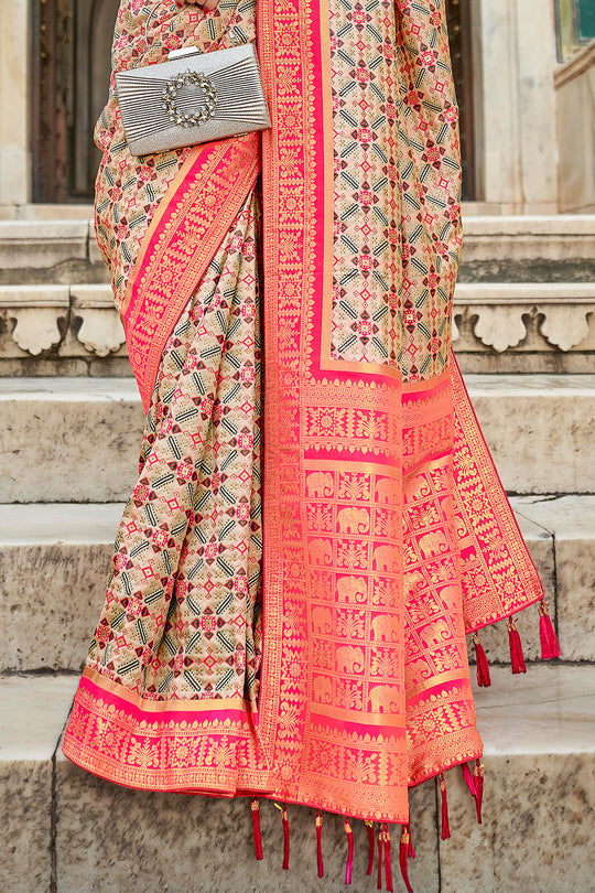 Beige And Pink Patola Saree