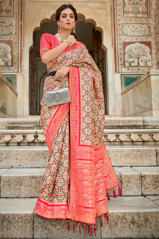 Beige And Pink Patola Saree