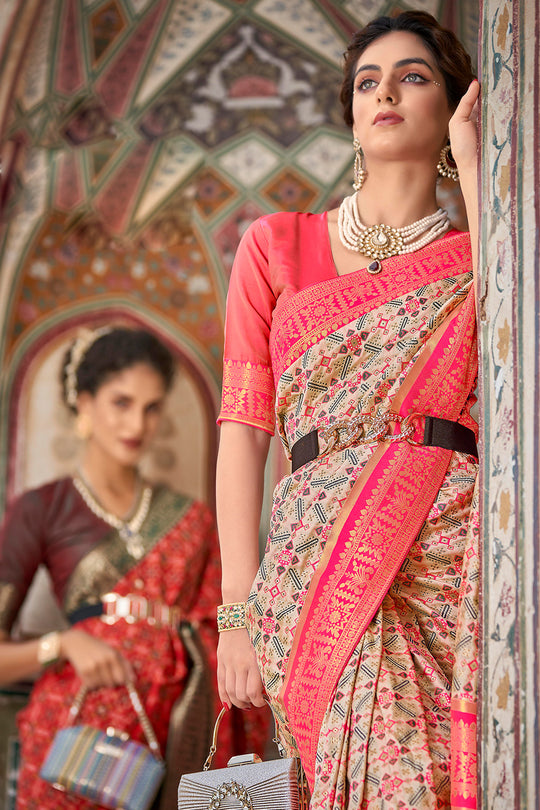 Beige And Pink Patola Saree