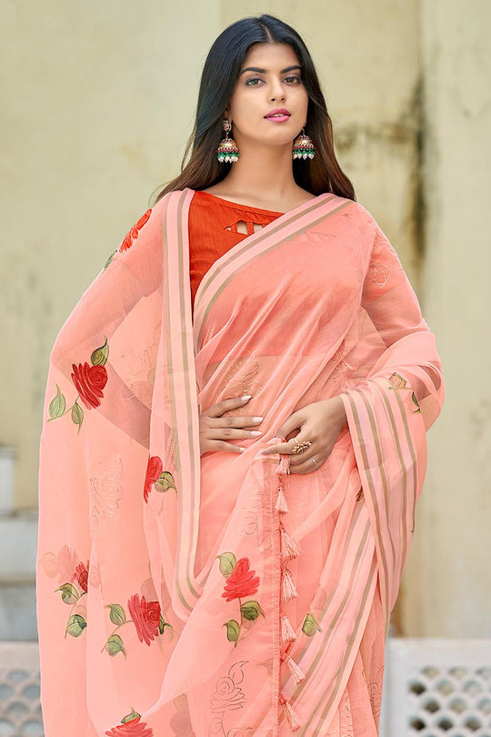 Peach Pink Organza Saree