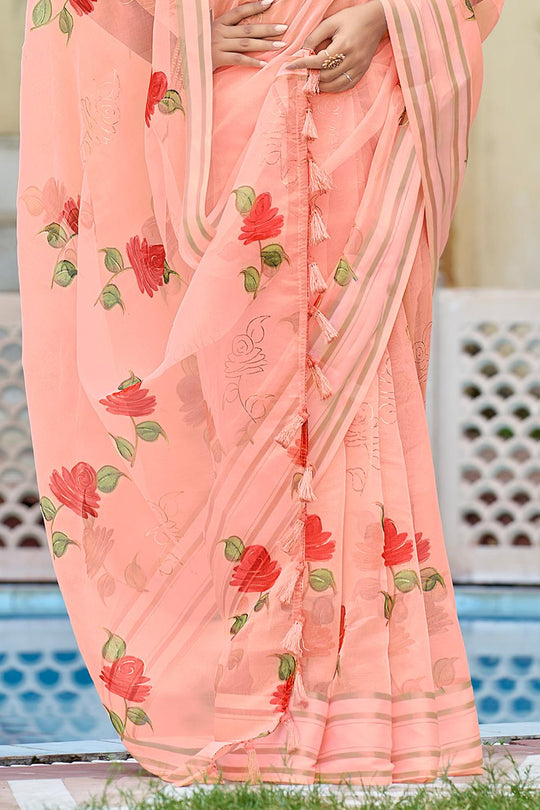 Peach Pink Organza Saree