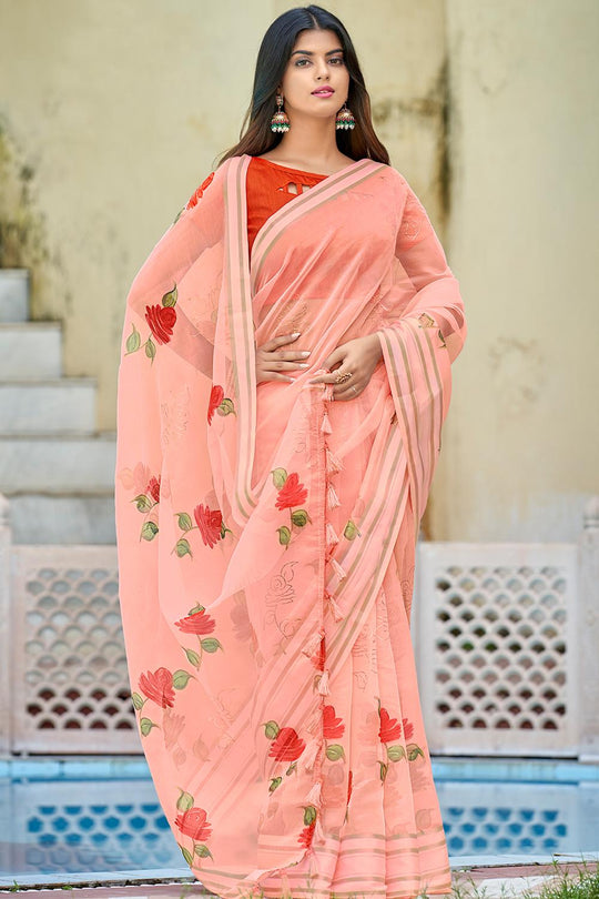Peach Pink Organza Saree