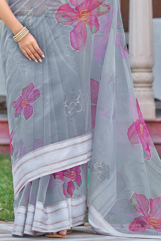 Silver Gray Organza Saree