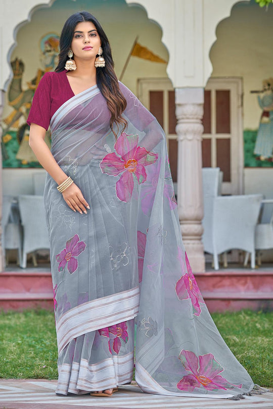 Silver Gray Organza Saree