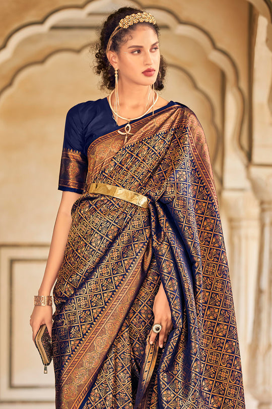 Navy Blue And Golden Kanjivaram Saree