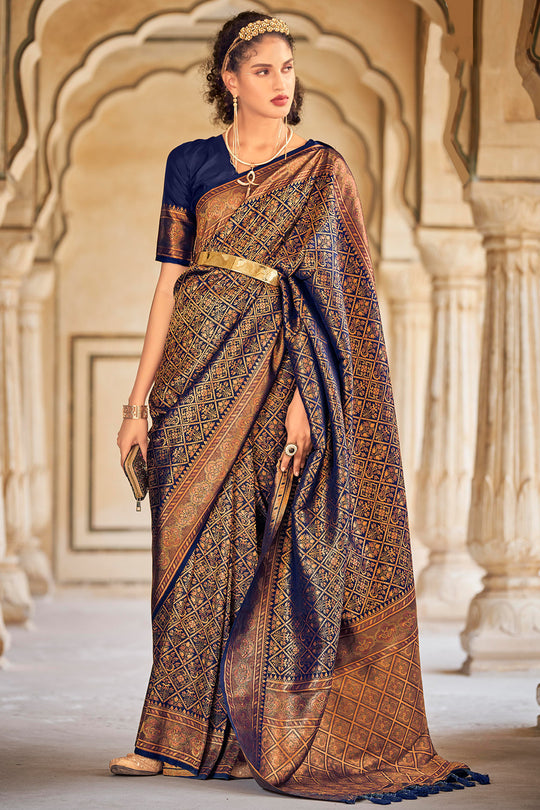 Navy Blue And Golden Kanjivaram Saree
