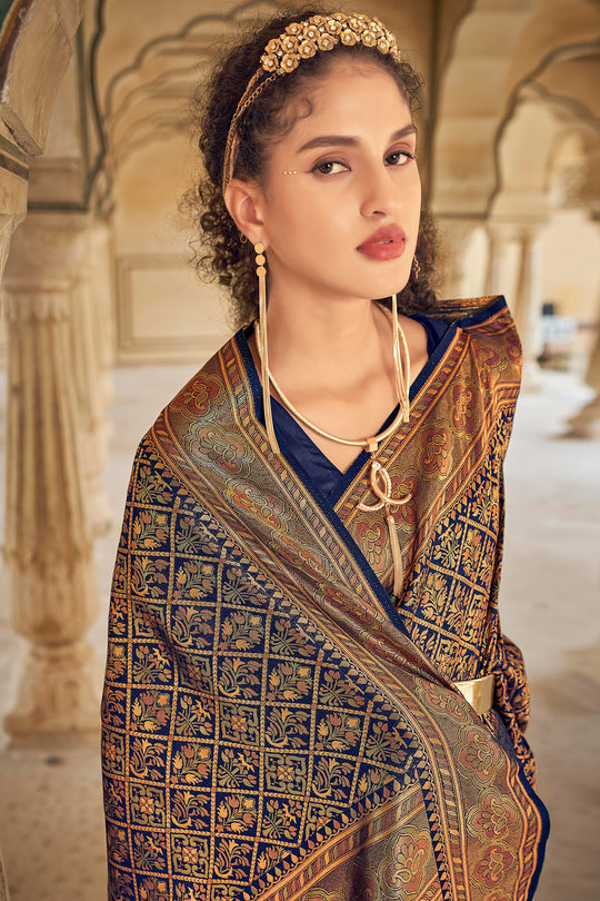 Navy Blue And Golden Kanjivaram Saree