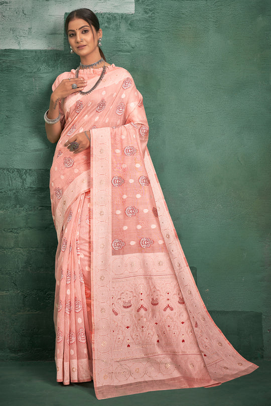 Cantaloupe Peach Cotton Saree