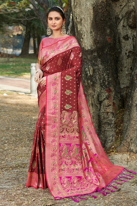 Brown And Pink Banarasi Saree