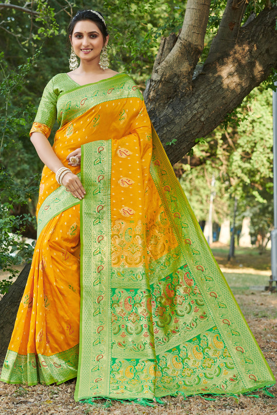 Yellow And Green Banarasi Saree