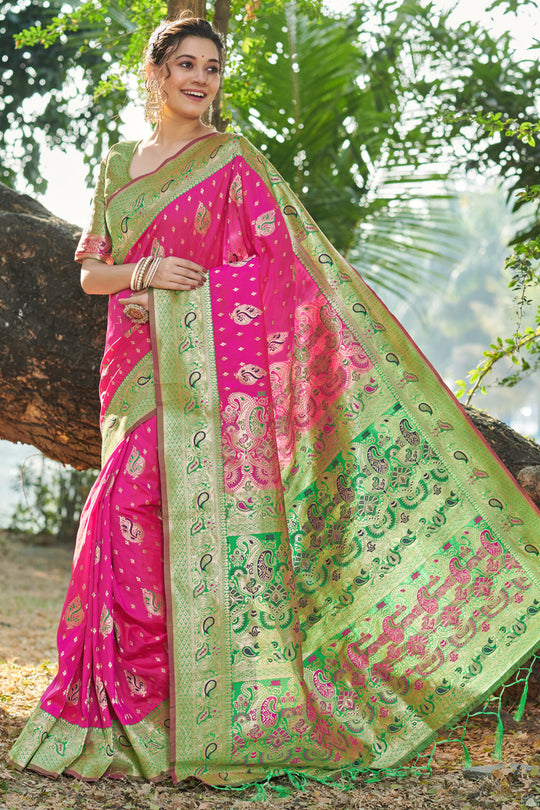Pink And Green Banarasi Saree