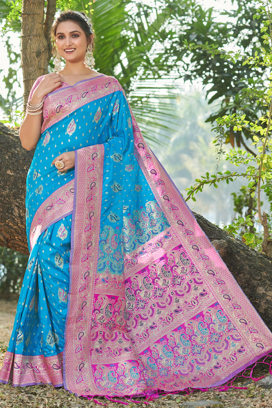 Blue And Pink Banarasi Saree