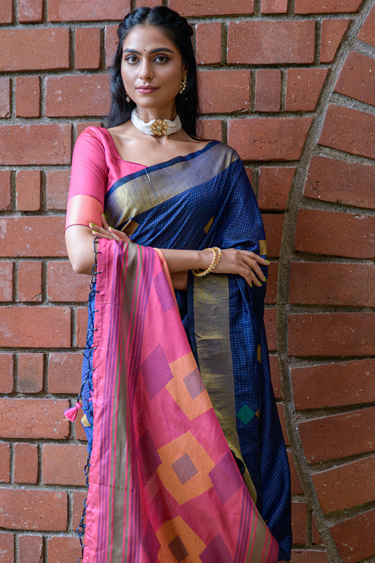 Blue And Pink Raw Silk Saree