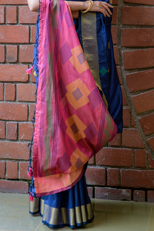 Blue And Pink Raw Silk Saree