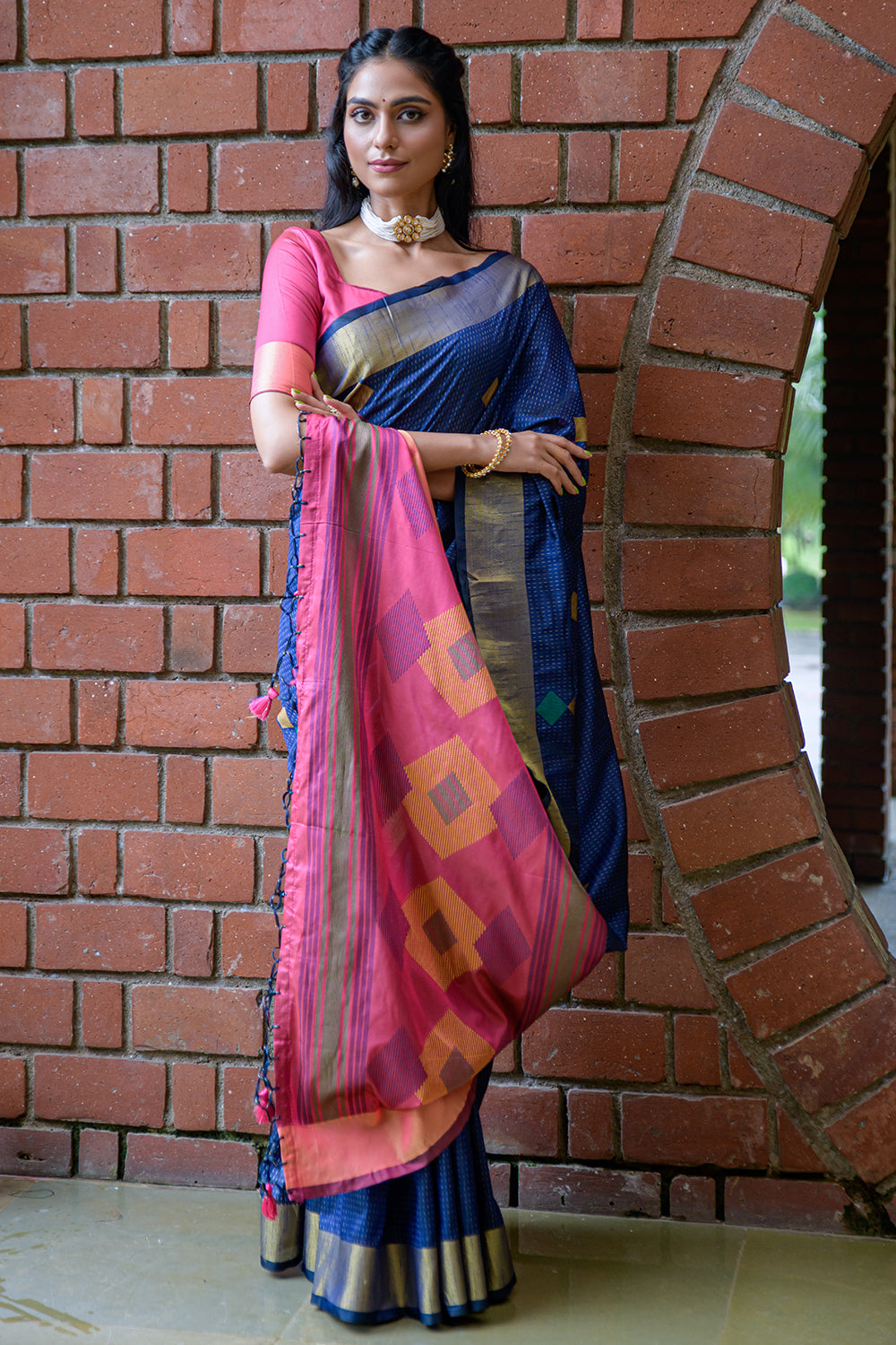 Royal Blue  Hot Pink Color Pure Katan Banarasi Saree  Blue silk saree  Silk saree blouse designs Saree designs