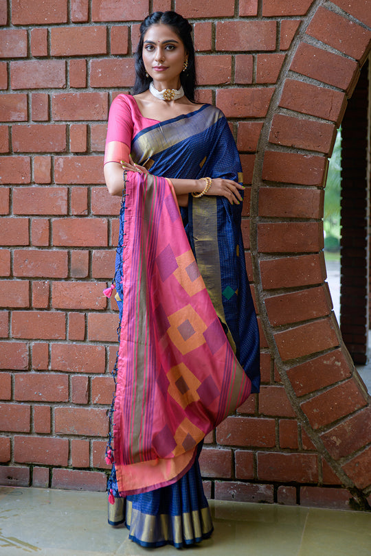 Blue And Pink Raw Silk Saree