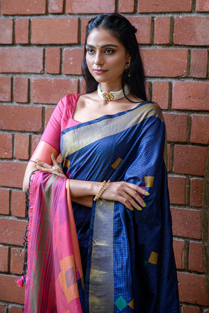 Blue And Pink Raw Silk Saree