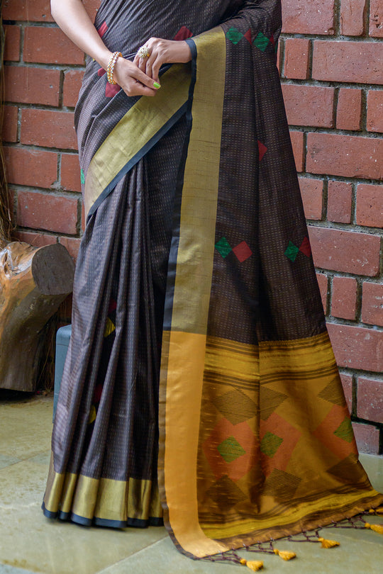 Coffee Brown And Yellow Raw Silk Saree