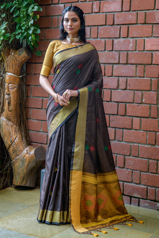 Coffee Brown And Yellow Raw Silk Saree