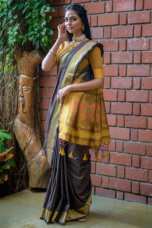Coffee Brown And Yellow Raw Silk Saree