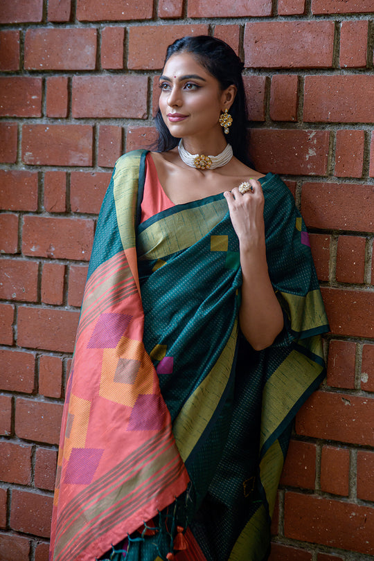 Green And Pink Raw Silk Saree