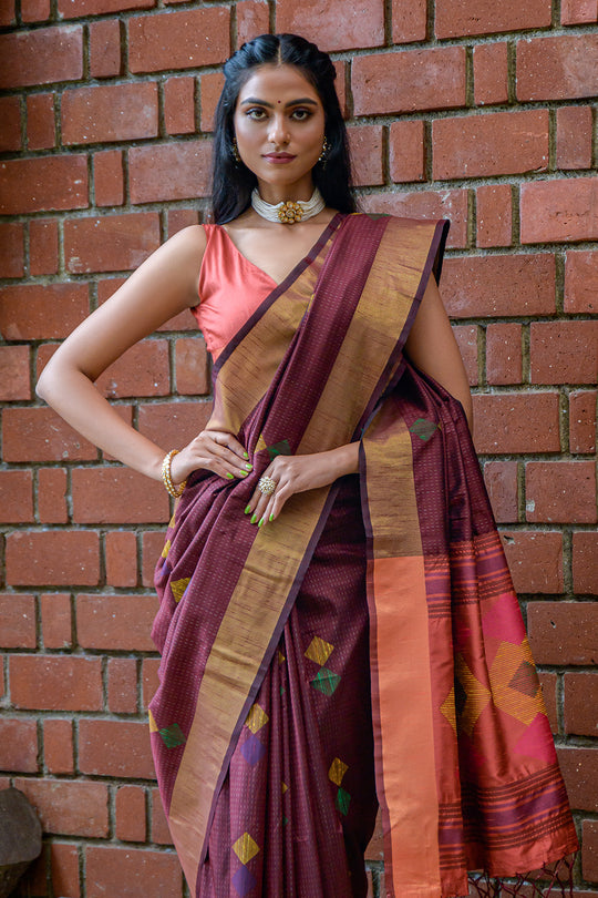 Maroon And Orange Raw Silk Saree