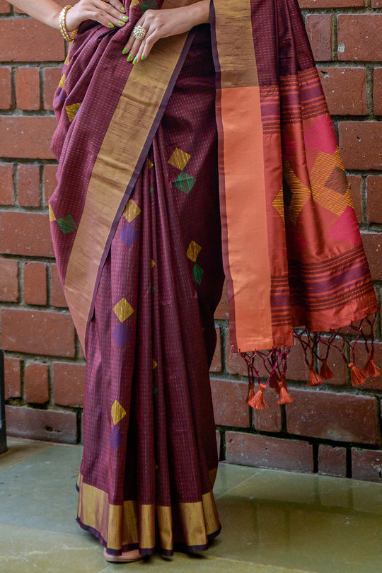 Maroon And Orange Raw Silk Saree