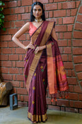 Maroon And Orange Raw Silk Saree